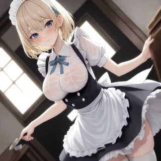 Short hair, Wavy hair, Anime style, Embarrassed, Nipples, R18, Masterpiece, Maid apron, See-through